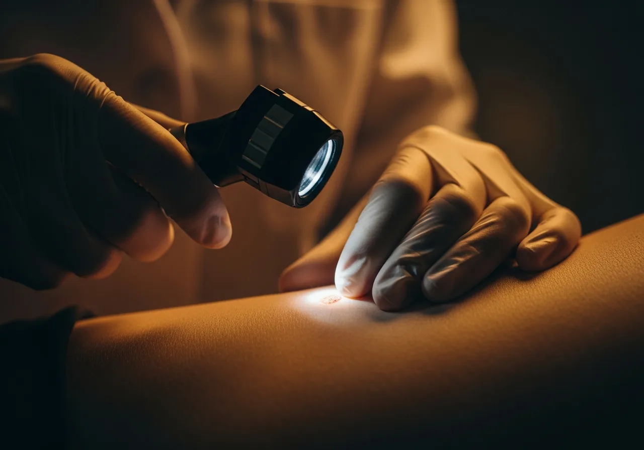 Dermatologista examinando lesão de pele com dermatoscópio