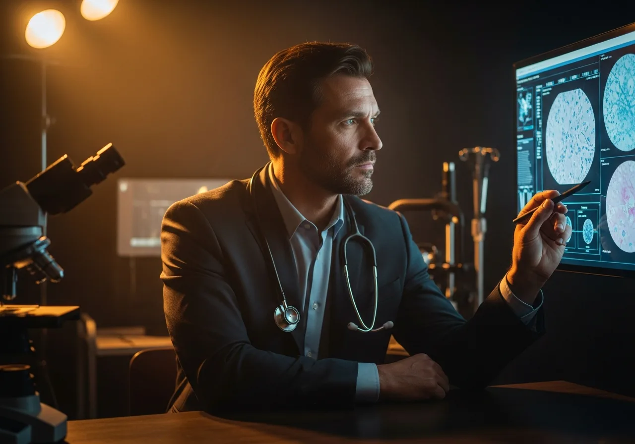 Médico analisando resultado de biópsia de pele
